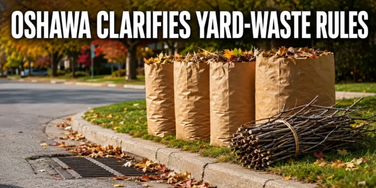 Paper yard-waste bags and bundled branches placed correctly at an Oshawa curb