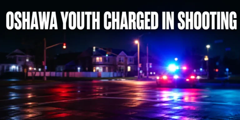 Neutral police lights at a suburban intersection representing an Oshawa youth charged in a shooting