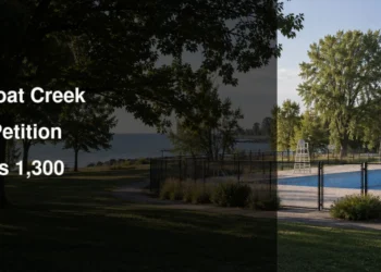Closed outdoor pool beside Lake Ontario illustrating the Petticoat Creek pool petition