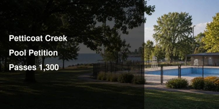 Petticoat Creek Pool Petition Passes 1,300 Signatures Closed outdoor pool beside Lake Ontario illustrating the Petticoat Creek pool petition