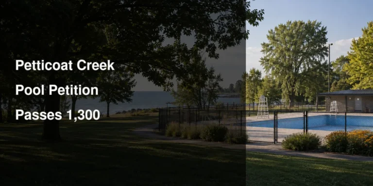 Closed outdoor pool beside Lake Ontario illustrating the Petticoat Creek pool petition