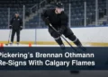 Generic hockey winger at practice with the headline Pickering’s Brennan Othmann Re-Signs With Calgary Flames