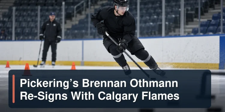 Generic hockey winger at practice with the headline Pickering’s Brennan Othmann Re-Signs With Calgary Flames