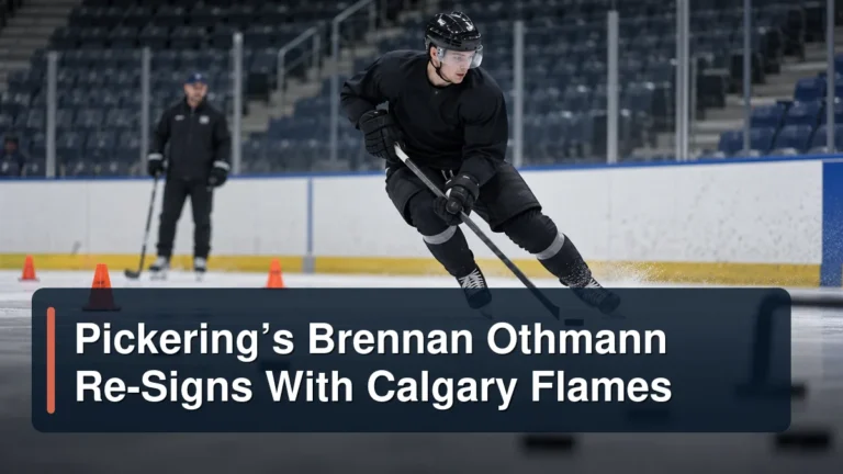 Generic hockey winger at practice with the headline Pickering’s Brennan Othmann Re-Signs With Calgary Flames