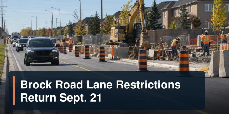 Managed suburban road construction with the headline Brock Road Lane Restrictions Return Sept. 21