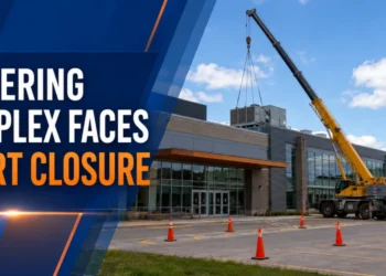 Crane lifting rooftop HVAC equipment at a Pickering recreation complex