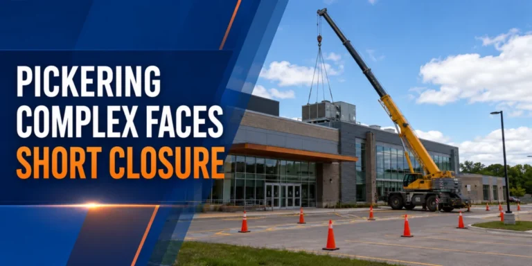 Crane lifting rooftop HVAC equipment at a Pickering recreation complex