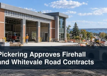 Fire station and road infrastructure construction with the headline Pickering Approves Firehall and Whitevale Road Contracts