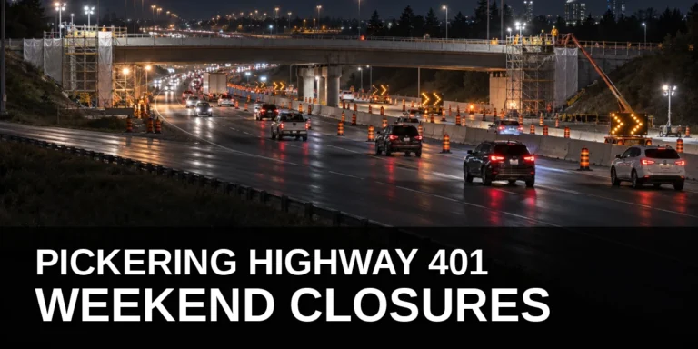 Nighttime Highway 401 construction lane closures near Brock Road in Pickering