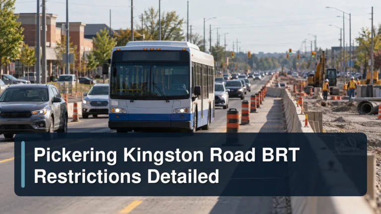 Suburban transit construction with the headline Pickering Kingston Road BRT Restrictions Detailed