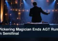 Close-up magician performing on a theatre stage with the headline Pickering Magician Ends AGT Run in Semifinal
