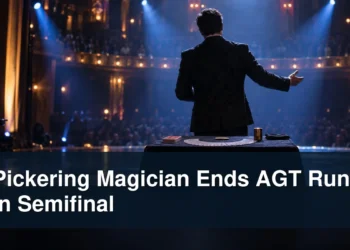 Close-up magician performing on a theatre stage with the headline Pickering Magician Ends AGT Run in Semifinal