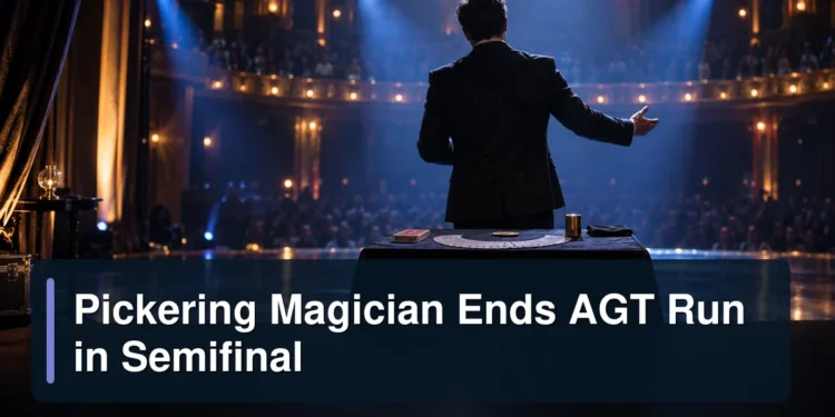 Pickering Magician Ends AGT Run in Semifinal Close-up magician performing on a theatre stage with the headline Pickering Magician Ends AGT Run in Semifinal