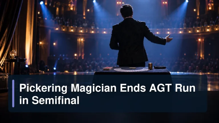 Close-up magician performing on a theatre stage with the headline Pickering Magician Ends AGT Run in Semifinal