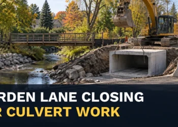 Creek culvert construction with the headline Pickering Morden Lane Closure Set for Culvert Work