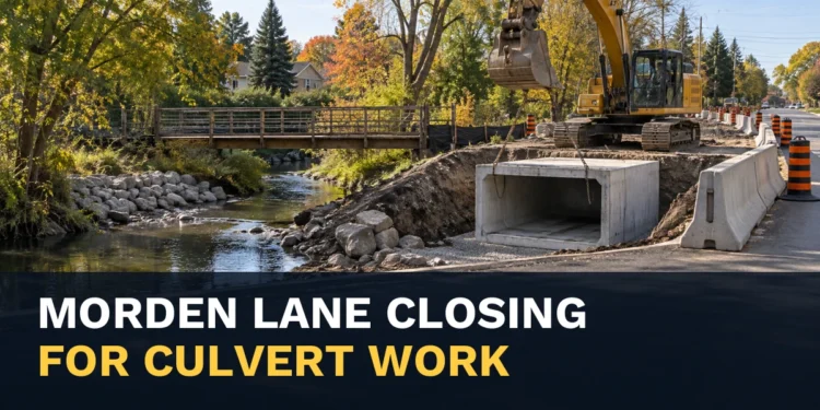 Creek culvert construction with the headline Pickering Morden Lane Closure Set for Culvert Work