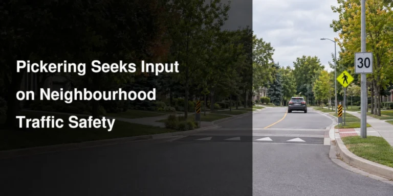 Pickering neighbourhood street with traffic-calming measures and a slow-moving vehicle