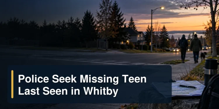 Police Seek Missing Teen Last Seen in Whitby Whitby neighbourhood search scene with the headline Police Seek Missing Teen Last Seen in Whitby