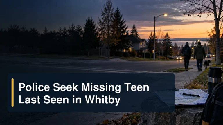 Whitby neighbourhood search scene with the headline Police Seek Missing Teen Last Seen in Whitby