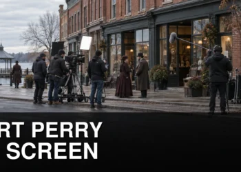Film production crew working in historic downtown Port Perry
