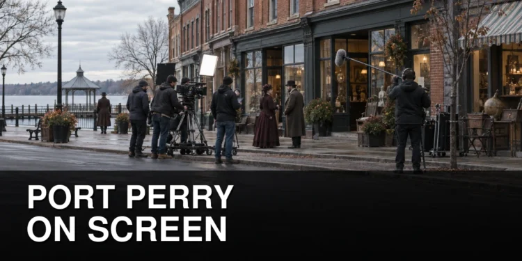 Film production crew working in historic downtown Port Perry
