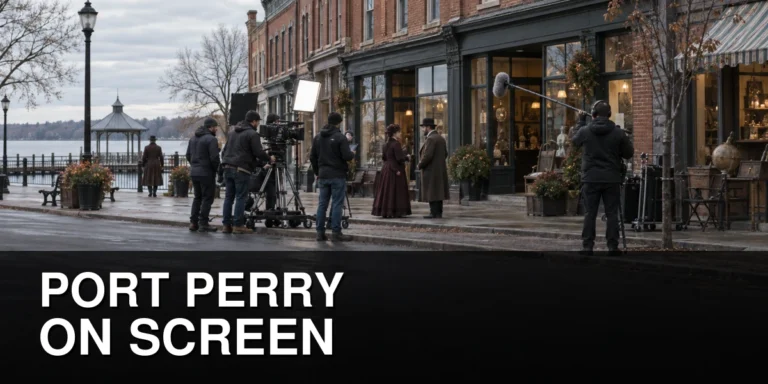 Film production crew working in historic downtown Port Perry
