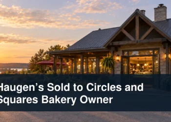 Heritage roadside restaurant and bakery counter with the headline Haugen’s Sold to Circles and Squares Bakery Owner
