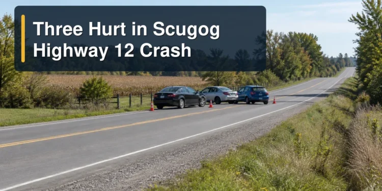 Three vehicles stopped on a rural road with the headline Three Hurt in Scugog Highway 12 Crash