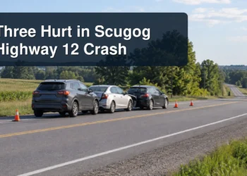 Respectful three-vehicle roadside scene with the headline Three Hurt in Scugog Highway 12 Crash