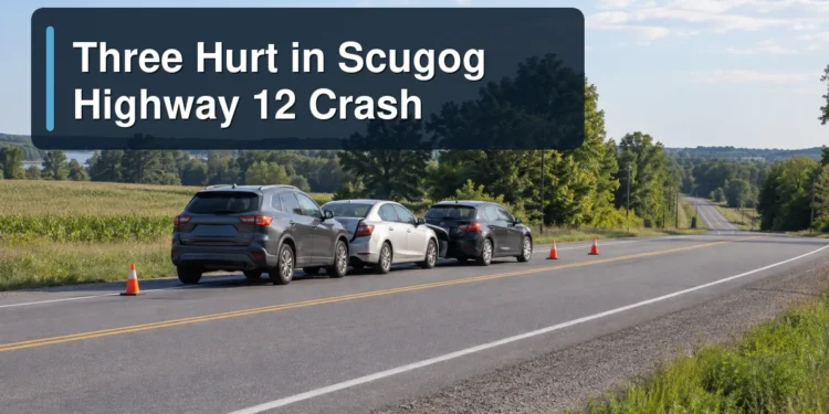 Three Hurt in Scugog Highway 12 Crash Respectful three-vehicle roadside scene with the headline Three Hurt in Scugog Highway 12 Crash