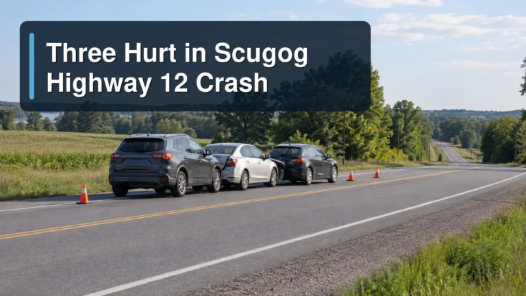Respectful three-vehicle roadside scene with the headline Three Hurt in Scugog Highway 12 Crash