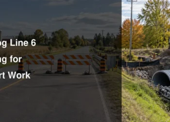 Rural Ontario road closure and culvert construction illustrating work on Scugog Line 6