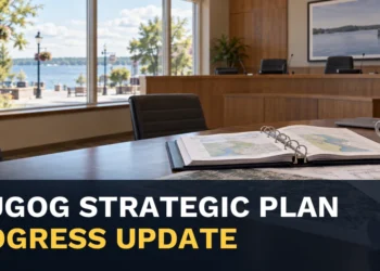 Municipal planning room with the headline Scugog Strategic Plan Shows Progress on Five Priorities