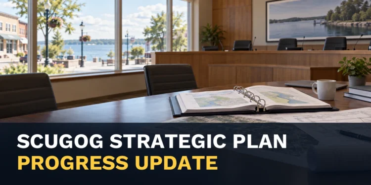 Municipal planning room with the headline Scugog Strategic Plan Shows Progress on Five Priorities