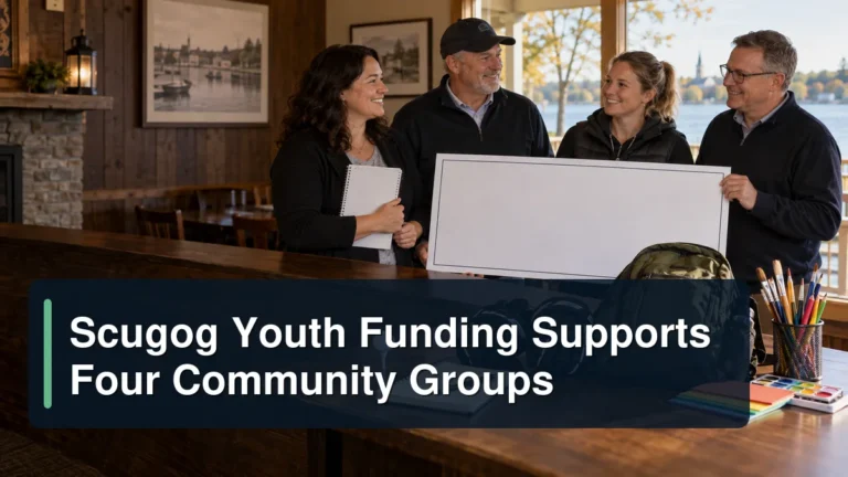 Community grant presentation with the headline Scugog Youth Funding Supports Four Community Groups