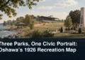Period-style civic recreation scene showing a Lake Ontario park, hilltop racetrack and memorial park with the headline Three Parks, One Civic Portrait: Oshawa’s 1926 Recreation Map