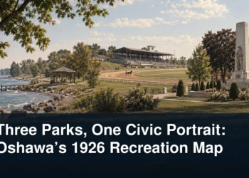 Period-style civic recreation scene showing a Lake Ontario park, hilltop racetrack and memorial park with the headline Three Parks, One Civic Portrait: Oshawa’s 1926 Recreation Map