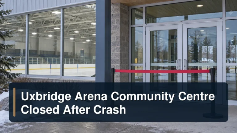 Closed community arena entrance with the headline Uxbridge Arena Community Centre Closed After Crash