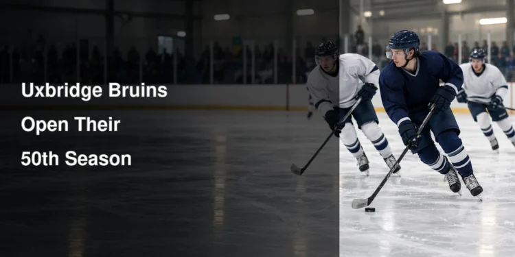 Junior hockey players illustrating the Uxbridge Bruins’ 50th season