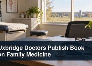 Family medicine book and stethoscope with the headline Uxbridge Doctors Publish Book on Family Medicine