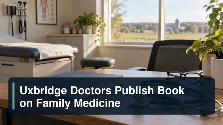 Uxbridge Doctors Publish Book on Family Medicine Family medicine book and stethoscope with the headline Uxbridge Doctors Publish Book on Family Medicine