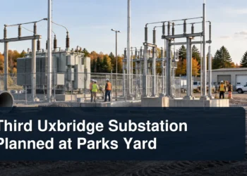 Electrical substation under construction with the headline Third Uxbridge Substation Planned at Parks Yard