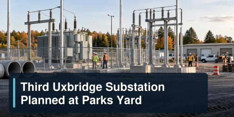 Electrical substation under construction with the headline Third Uxbridge Substation Planned at Parks Yard