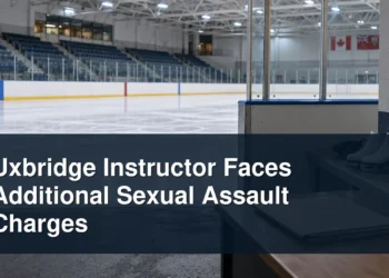 Empty ice arena and closed case file with the headline Uxbridge Instructor Faces Additional Sexual Assault Charges