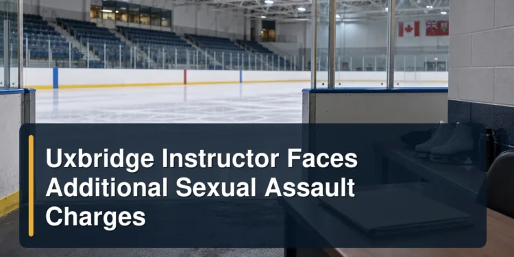 Uxbridge Instructor Faces Additional Sexual Assault Charges Empty ice arena and closed case file with the headline Uxbridge Instructor Faces Additional Sexual Assault Charges