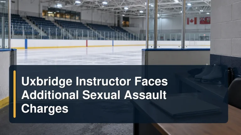 Empty ice arena and closed case file with the headline Uxbridge Instructor Faces Additional Sexual Assault Charges