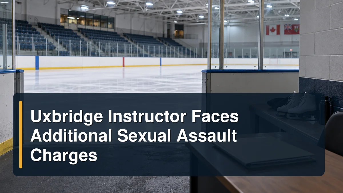Empty ice arena and closed case file with the headline Uxbridge Instructor Faces Additional Sexual Assault Charges