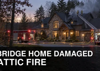 Fire crews outside a rural Uxbridge home after an attic fire