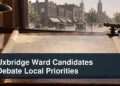 Neutral community forum scene with the headline Uxbridge Ward Candidates Debate Local Priorities