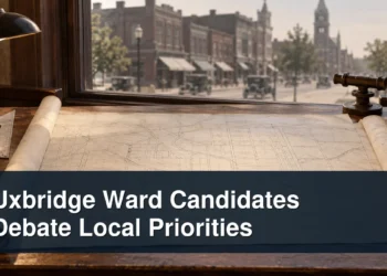 Neutral community forum scene with the headline Uxbridge Ward Candidates Debate Local Priorities